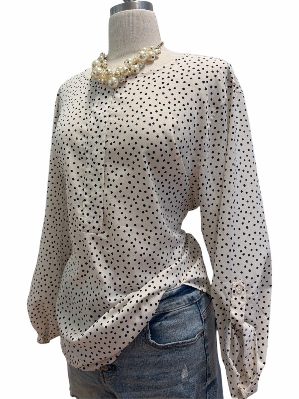 Van Heusen Cream and Black Polka Dot Long-Sleeve Blouse
